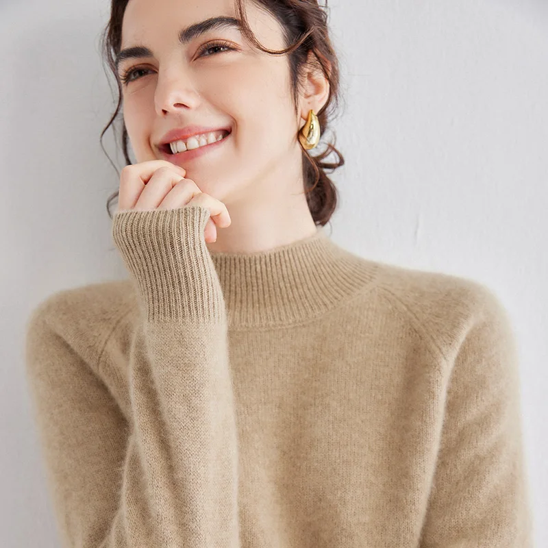 Fashion 100% cashmere sweater women's semi high neck knitted cashmere pullover sweater autumn and winter long sleeved top