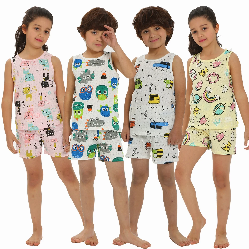 1 to 9 Years Summer Boys Pajamas Sleeveless Girls Pyjama Set Vest+Shorts Baby Clothing Toddler Infant Breathable Soft Clothes