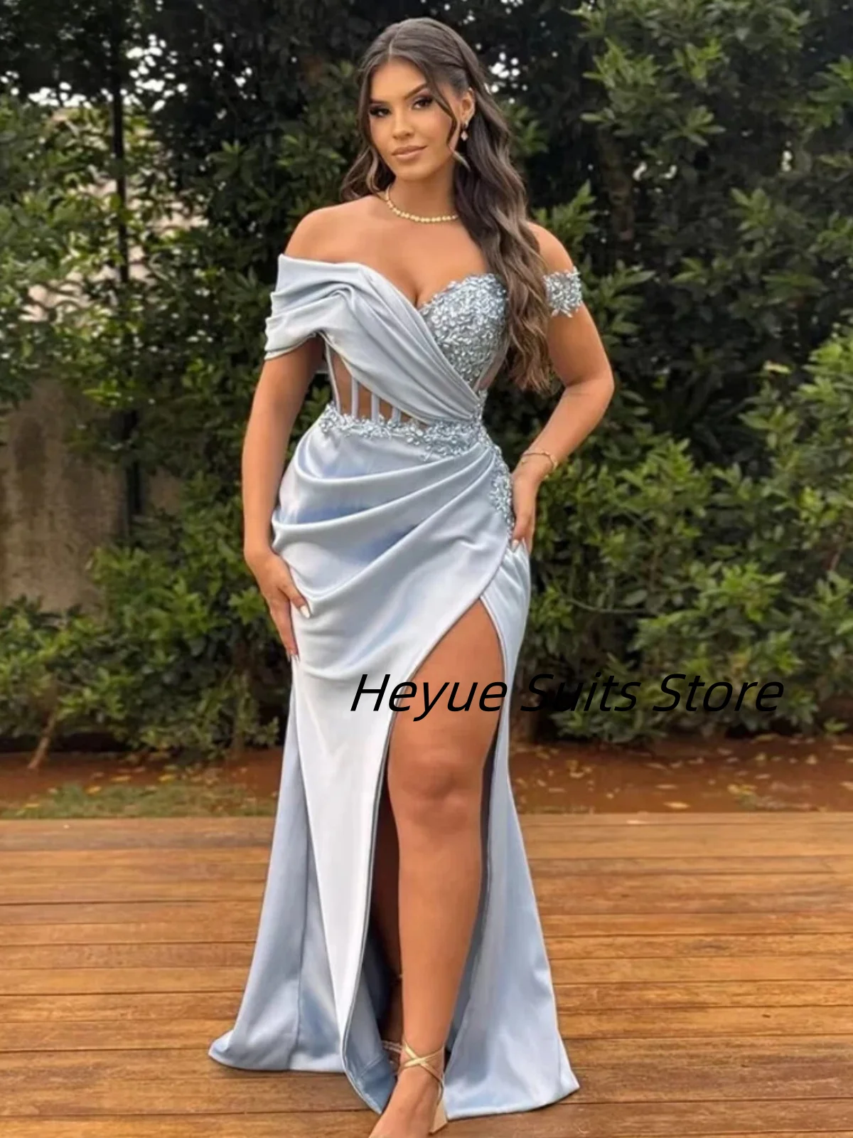 Customized Mermaid Evening Gown Quinceanera Dresseseed High Split Off Shoulder Applique Party Gown vestidosde 15 quinceañeras