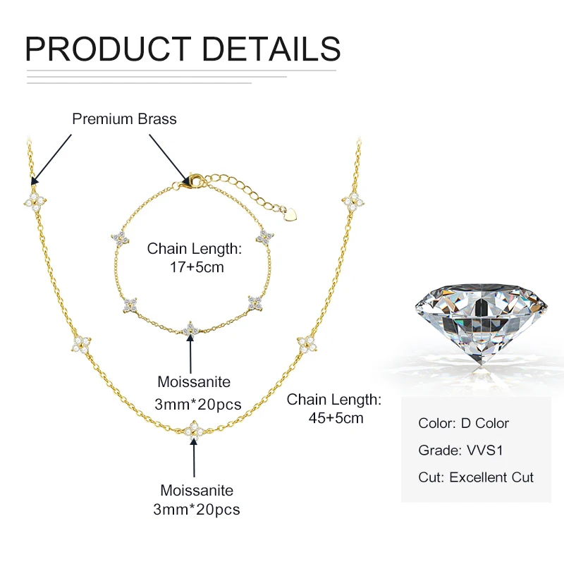 Rrjzz D-Color 3 mm Full Moissanite Clover Armband- und Halsketten-Set für Frauen, VVS1-Imitationsdiamant-Blumenschmuck, Geburtstagsgeschenke – Detail 1