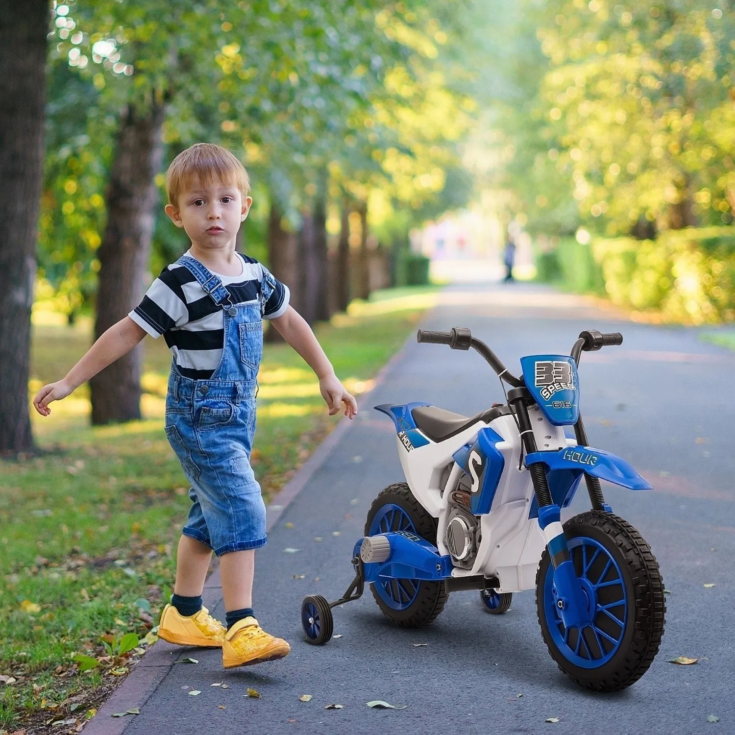 Aosom 12V elektrische motor voor kinderen, motorfiets op batterijen, opritspeelgoed met oplaadbatterij, zijwieltjes, blauw