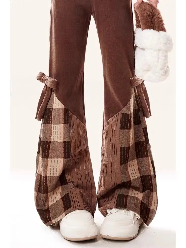 MiiiiX Retro Bow Splicing Plaid Trousers Women's Long Pants 2024 New Autumn Slim Elastic Waist Boot Cut Pants Female Clothes