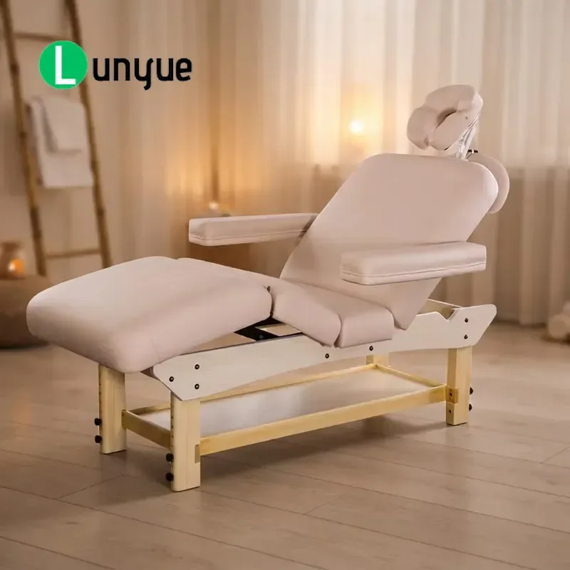 Solid Wood Massage Bed Adjustable Height Curved Eyelash Beauty Bed with Large Storage Space for Spa Facial Treatment