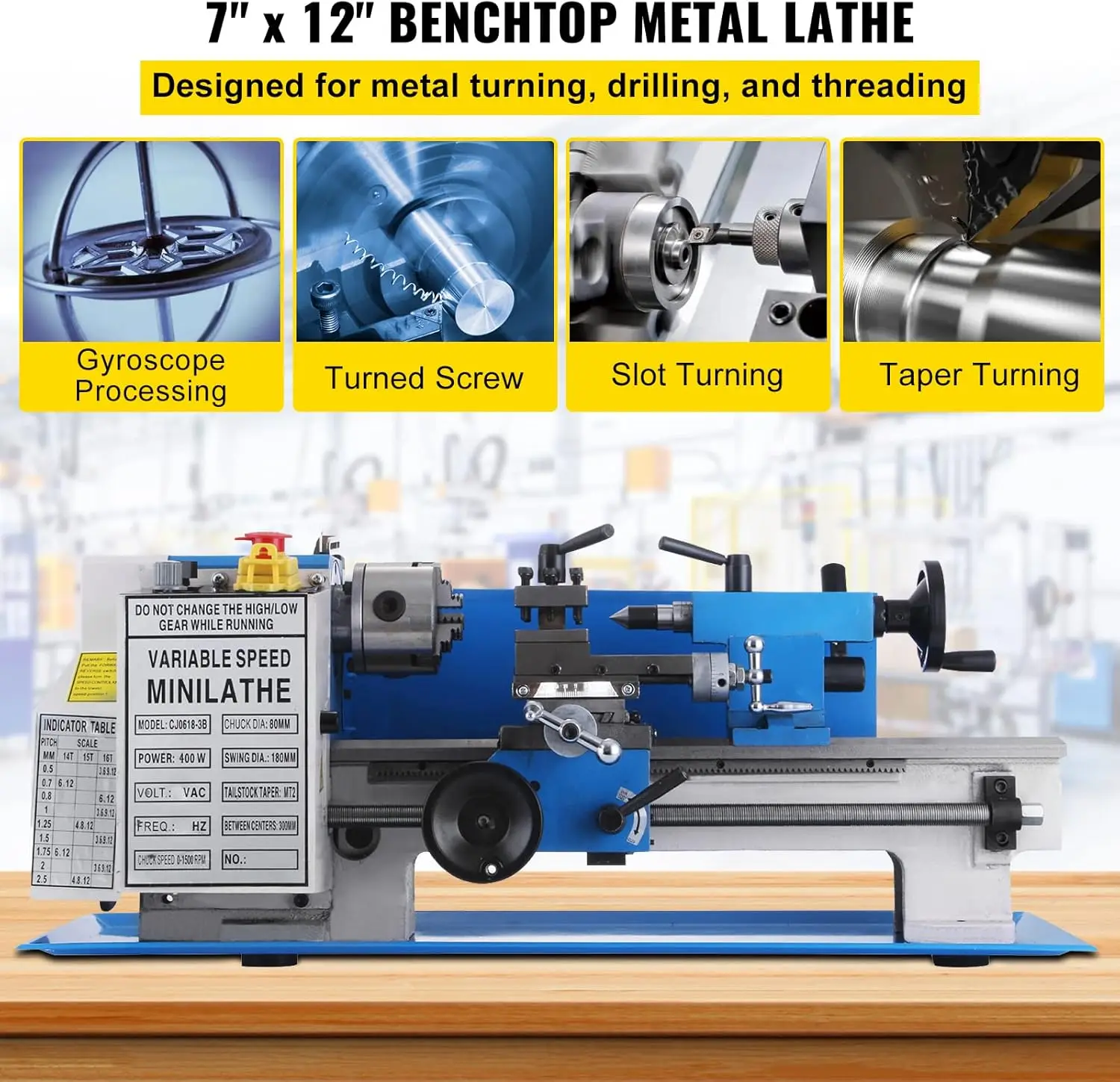 Metal Lathe 7 x 12 In Precision Mini Metal Lathe 2250 RPM 550W Variable Speed Precision Bench Top Metal Working Lathe