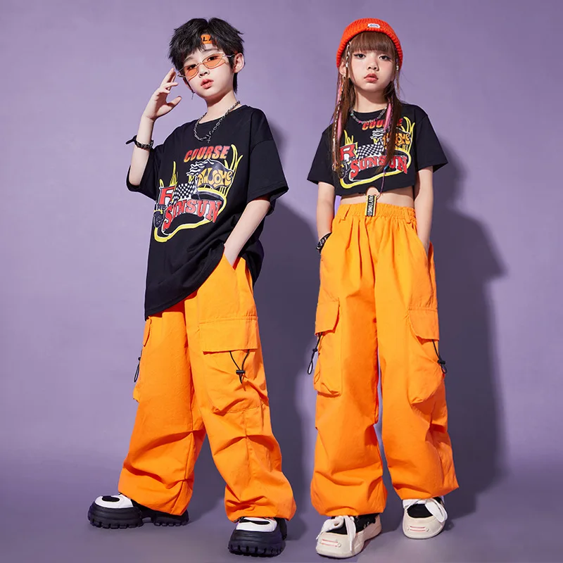 

Kid Kpop Hip Hop Clothing Locomotive Print Crop Tank Top Orange Jogger Cargo Pants for Girl Jazz Dance Costume Wear Clothes