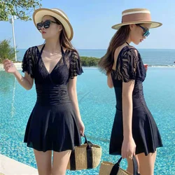Korean Swimwear 2023 Women Solid Sexy Lace Backless Beach Swimwear One Piece Swimsuit With Short Skirt Bikini
