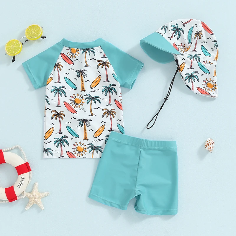 Infant Baby Boy Rash Guard Swimsuit Palm Tree/Dinosaur Print Short Sleeve Tops Swim Trunks Swim Cap Summer 3 pcs Bathing Suit