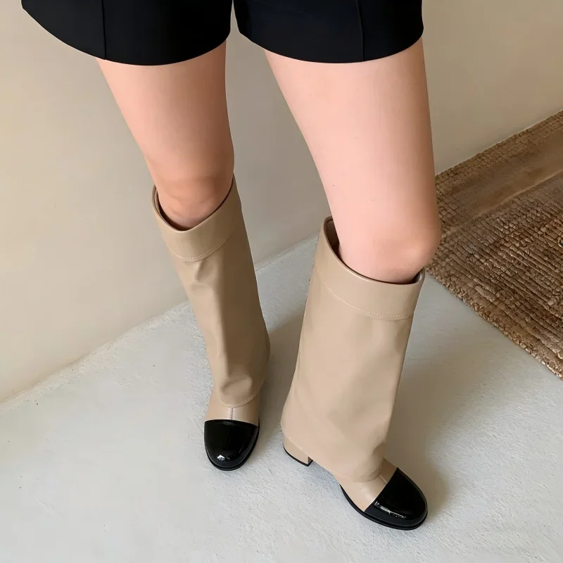 Metal Buckle Color Block PU Leather Chunky Comfy Office Daily Commute Wide Women's Retro Round Toe Block Heel Mid Calf Boots