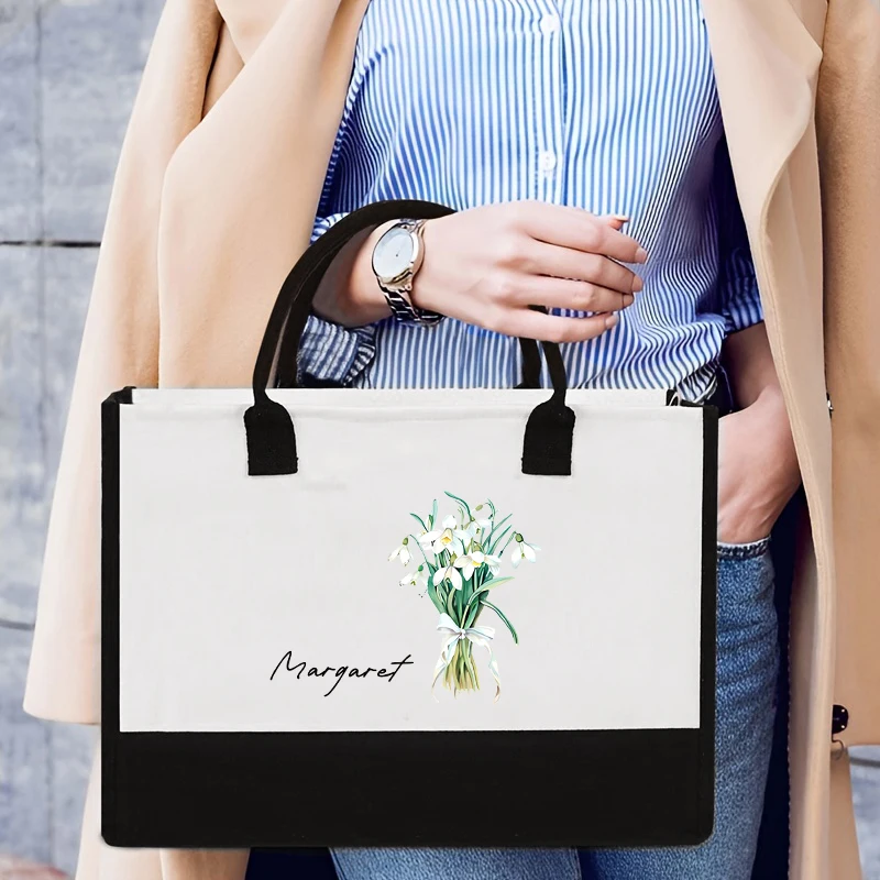 Customize Flower Bouquet Tote Bag Organizer Personalized Name Handbag Eco-friendly Shopping Bag Birthday Bridesmaid Wedding Gift