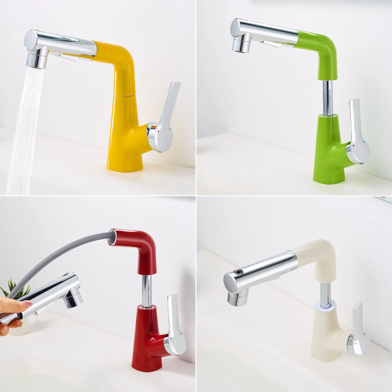 

Желтый смеситель для раковины с функцией горячей/холодной воды, выдвижной, подъемный, с поворотом на 360 градусов, телескопический, для ванной комнаты, с тремя режимами потока воды