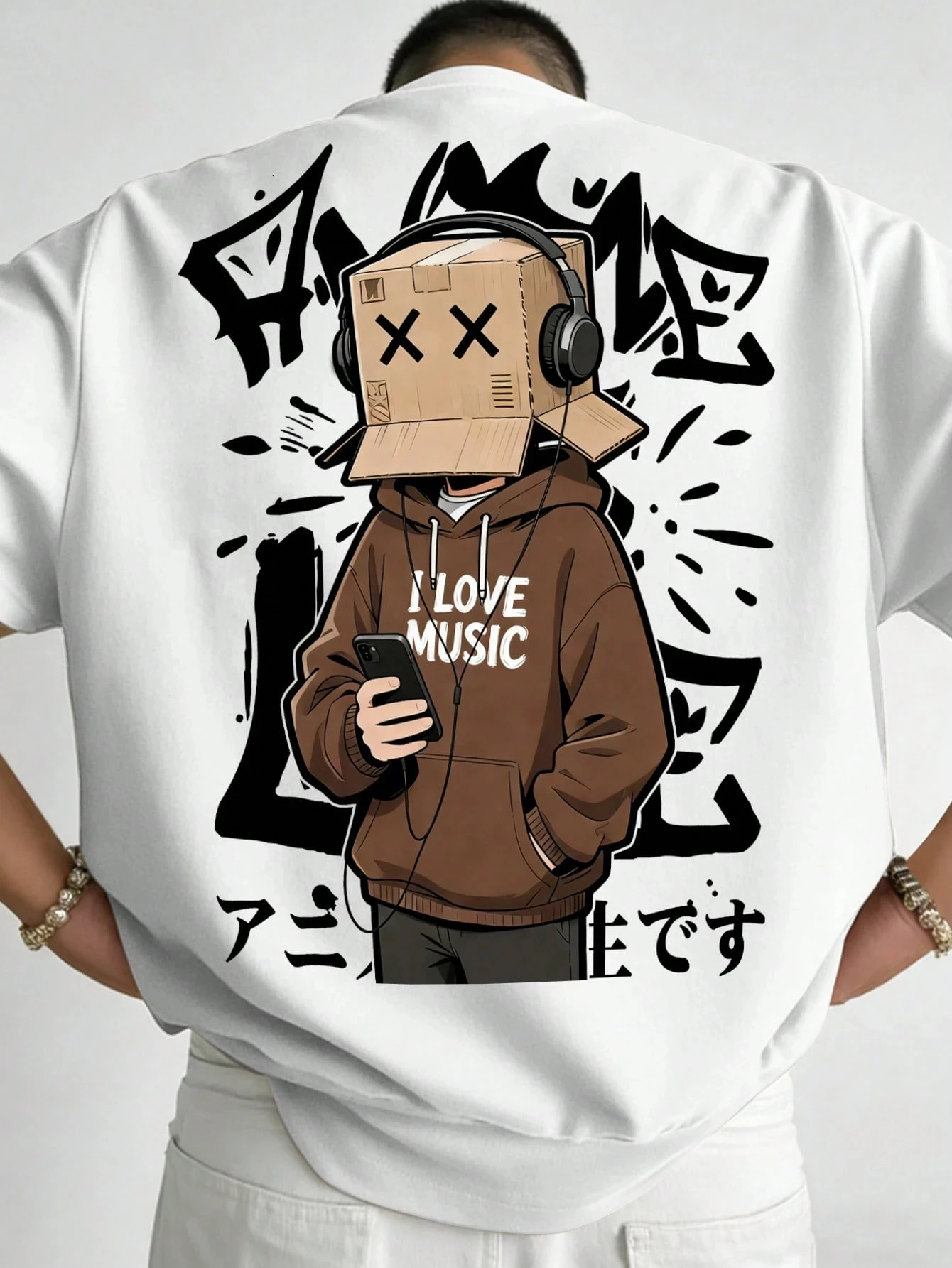 Double Sided Box Head T-Shirt Men Anime Japanese Print Oversized Streetwear Unisex Casual Tee