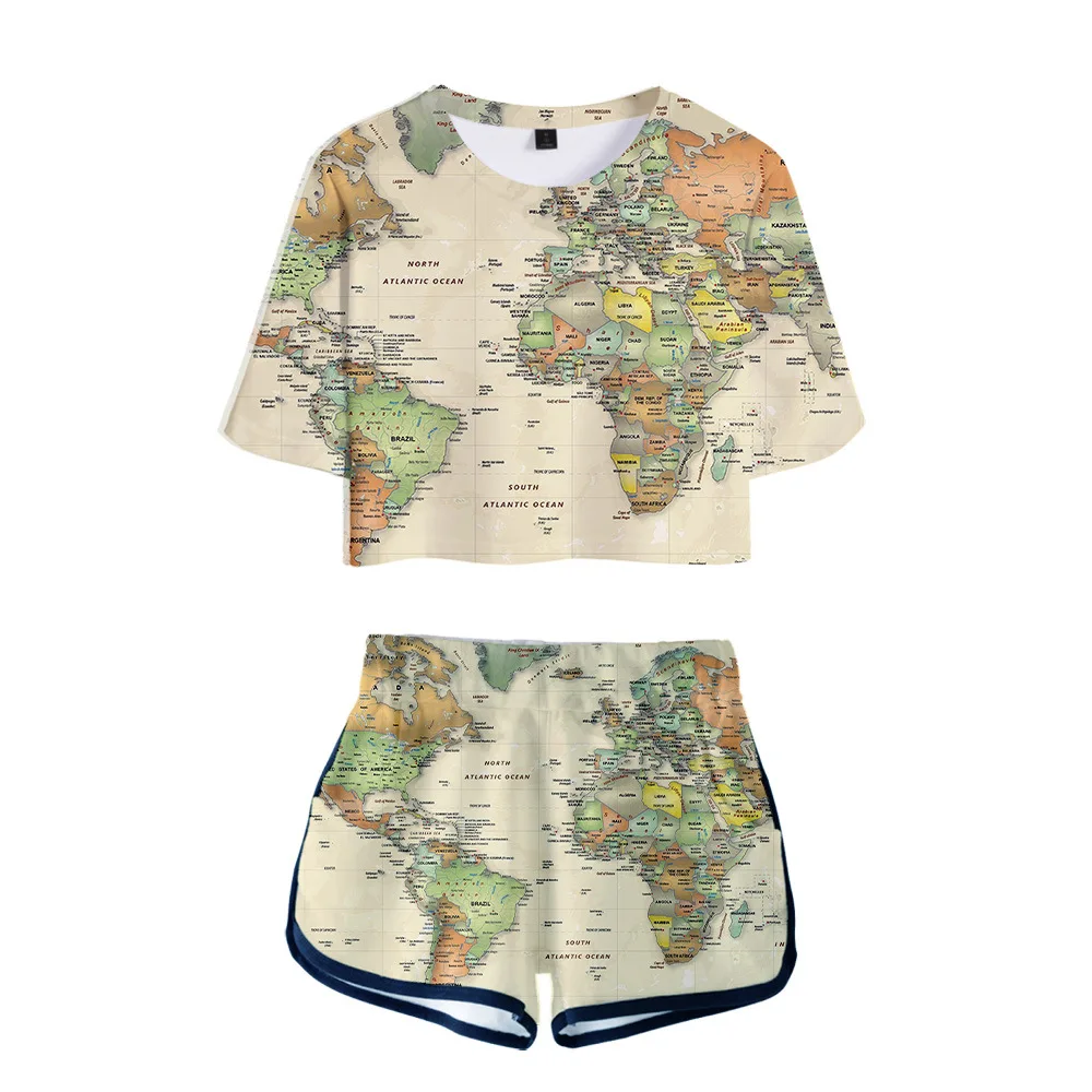 

Женский спортивный костюм с 3D-принтом и картой мира, комплект из 2 предметов для женщин, укороченный топ, спортивный костюм, комплект из двух предметов, топ и шорты, уличная одежда