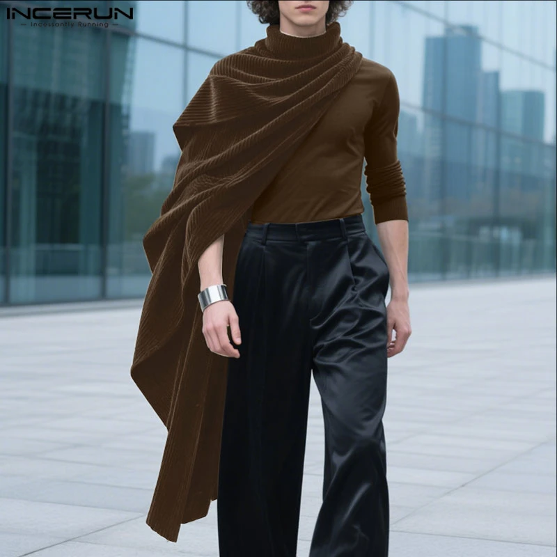 

INCERUN Мужская футболка нестандартной формы, вельветовая лоскутная водолазка, футболки с длинными рукавами, уличная одежда, мода 2025, повседневная мужская одежда