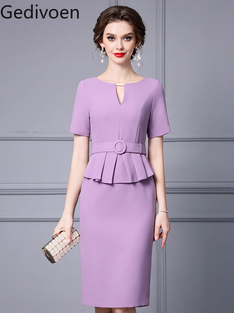 

Gedivoen Summer Fashion Runway New Designer O-Neck Solid Purple APRICOT Sashes Ruched Office Lady Style Pencil Dress