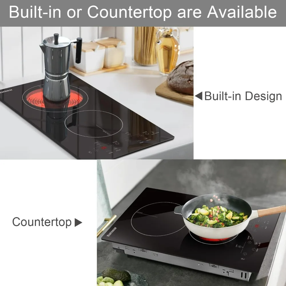 2 Burners Electric Cooktop, 120v Plug in Ceramic Cooktop, 12 Inch Countertop & Built-in Electric Stove Top with Child Safety