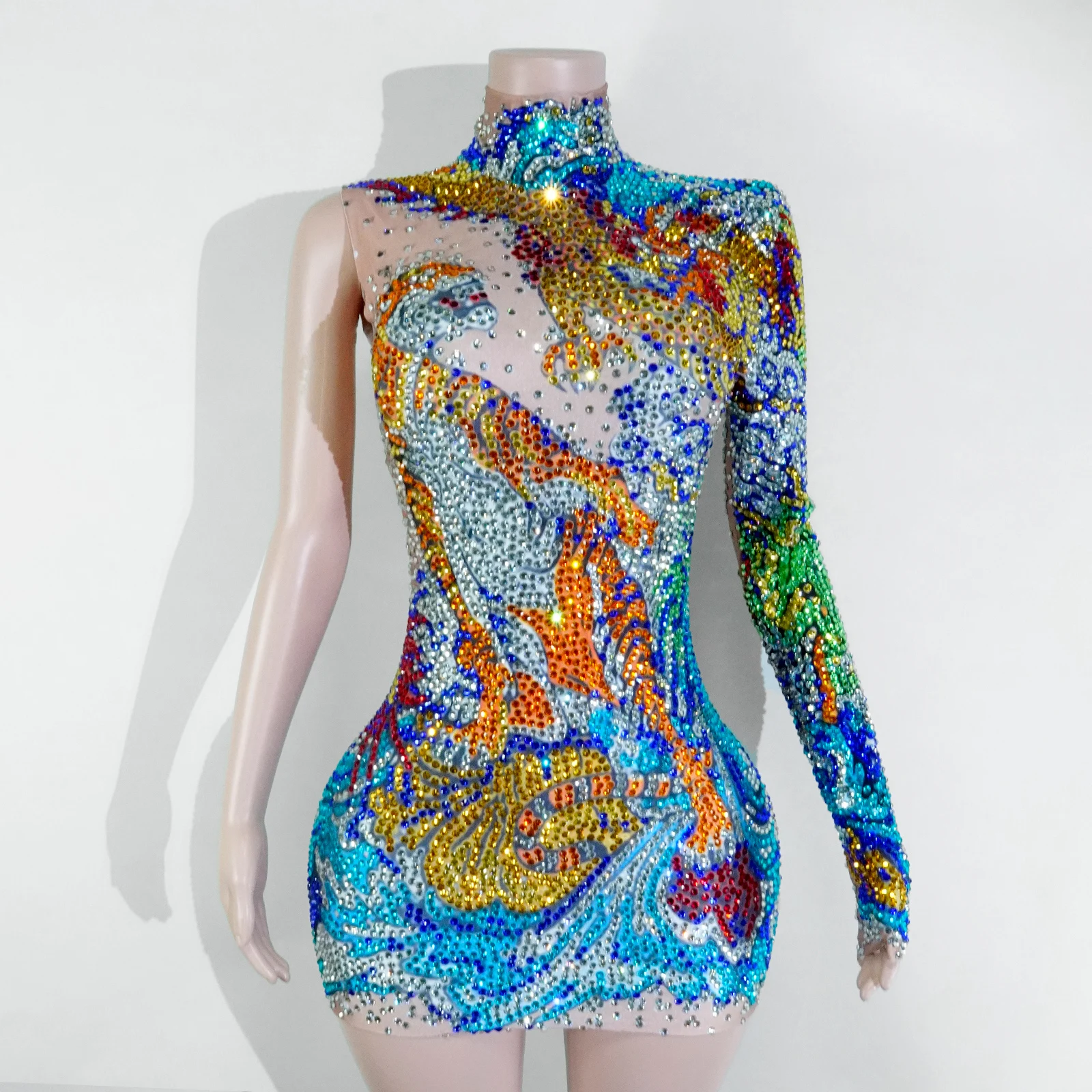 

A New Onesleeved Highnecked Dress With Dazzling Rhinestones A Fitted Performance Dress For Birthday Parties And Stage Danceshows
