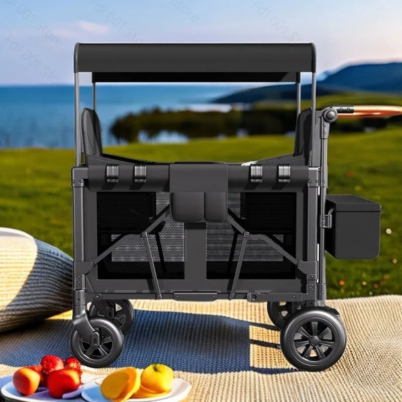 Outdoor Wagon Stroller 4 Seat with Full Canopy Camping Folding Wagon Stroller 4 Seater for Kids