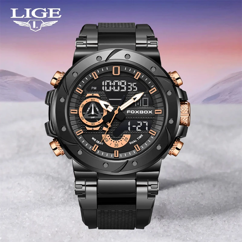 

LIGE Top Luxury Men's Quartz Watches 5Bar Waterproof Men Military Sports Watches Dual Display Luminous Wristwatch Orologio uomo