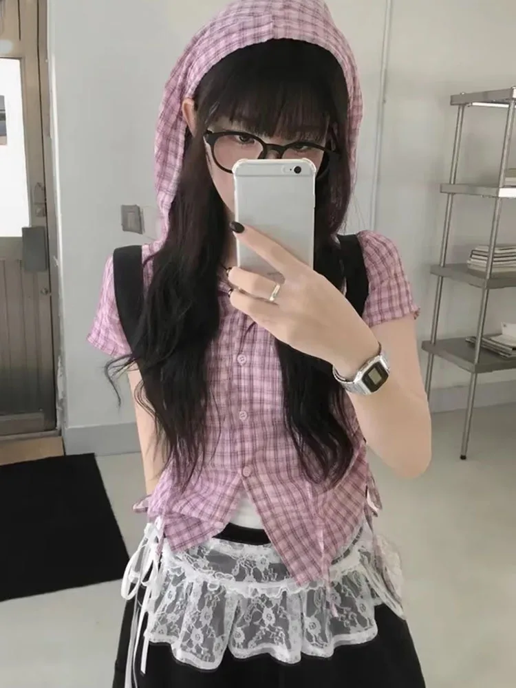 Japanese Y2k Plaid Short Sleeve Hooded Shirt Women Vintage Preppy Style Button Slim Waist Crop Top Summer Sweet Blouse