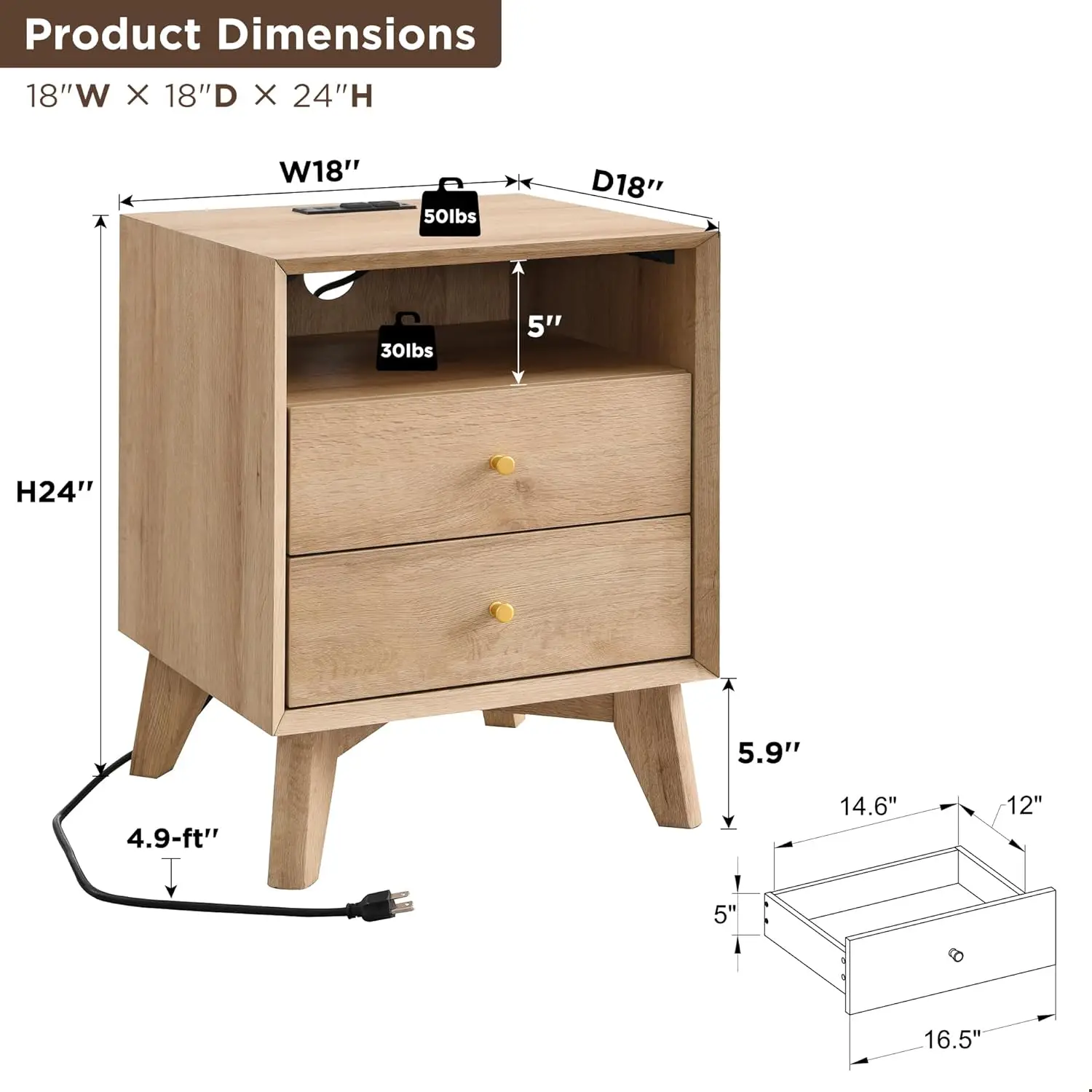 Nightstand with Charging Station, 18