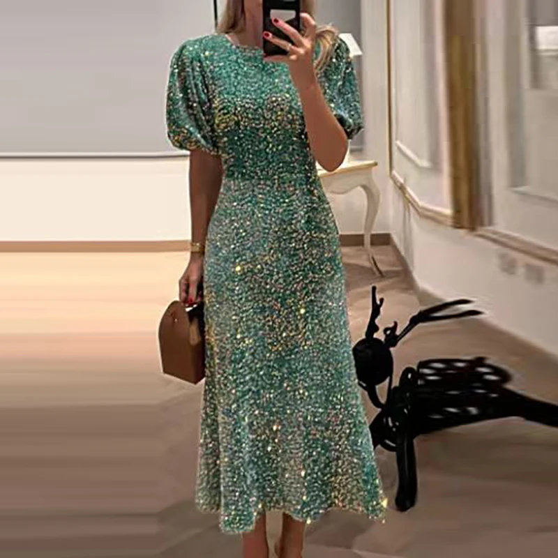 Fashion O-neck Shiny Sequin Banquet Dress Women Causal Short Sleeve Solid Long Dress Elegant High Waist Slim Club Party Dresses