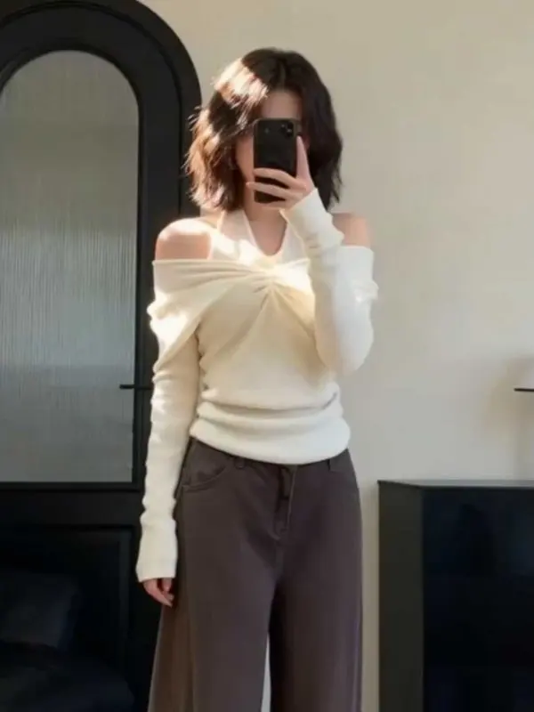 

Ele oulder-baring Knitted Top Women's Zen Sle Faionable Versatile Sexy Long Sve Commute Sle Korean Version