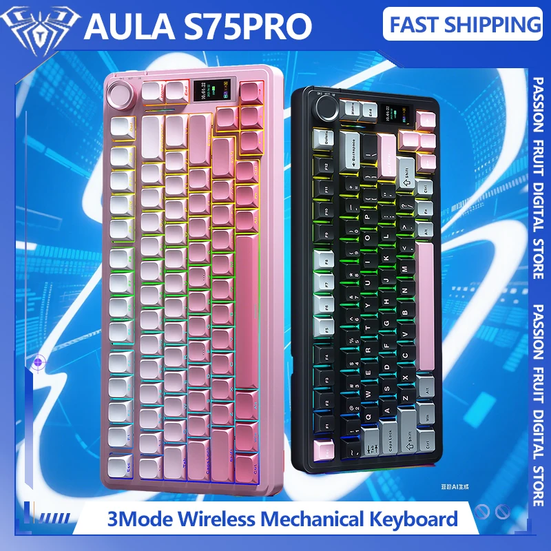 

AULA S75 Pro Беспроводная механическая клавиатура, 3-режимная прокладка, с возможностью горячей замены и дисплеем 75% для офисной игровой клавиатуры, подарок