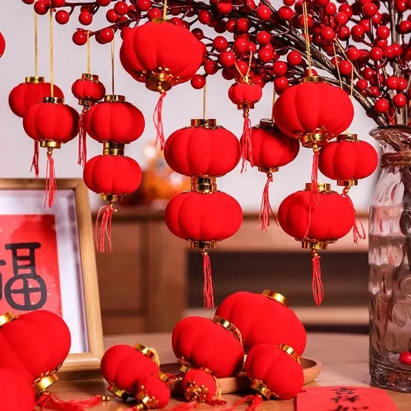 30pcs Mini Chinese Lantern Flocking Small Red Lanterns DIY Spring Festival Wedding New Year Decorations Scene Layout Supplies