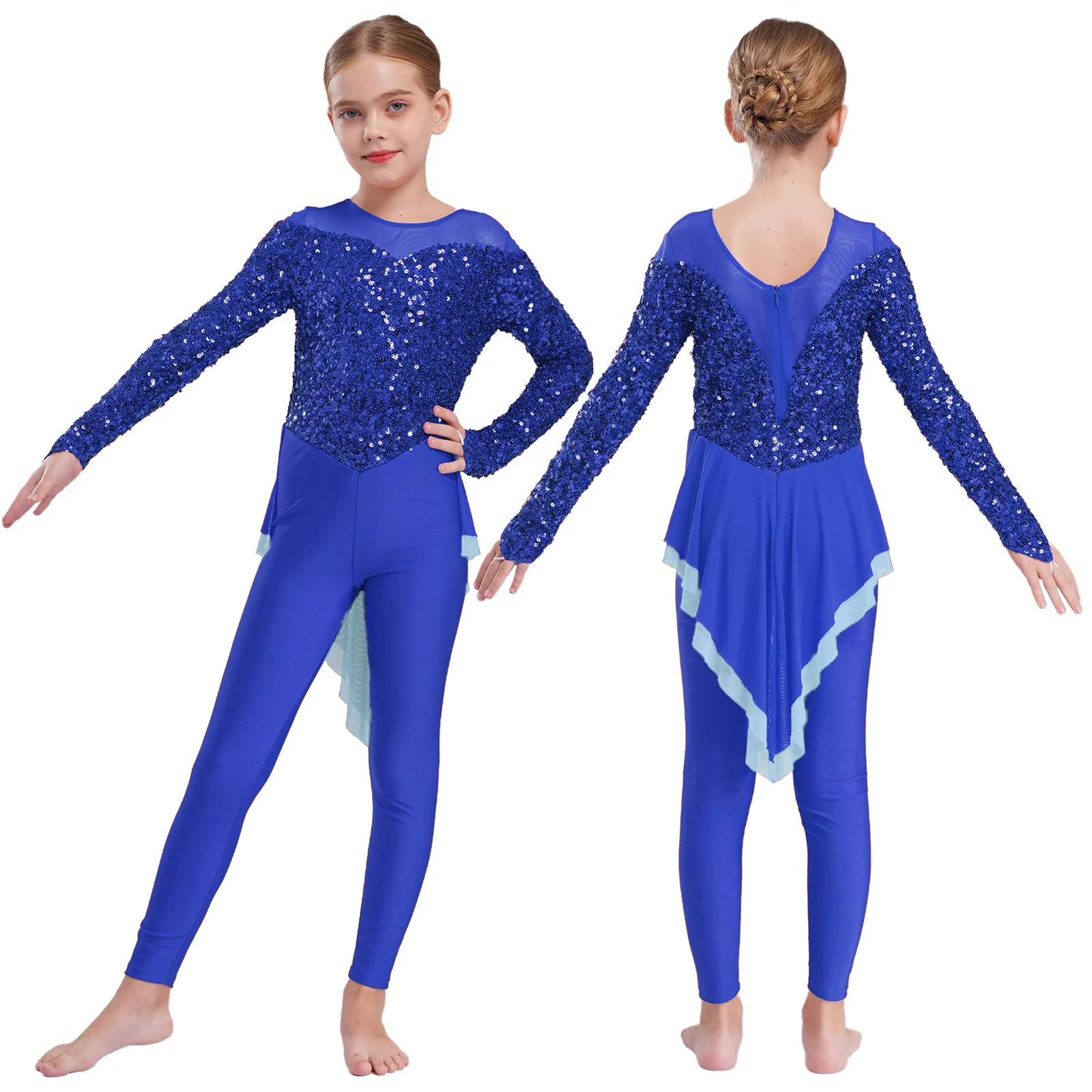 Girls Long Sleeve Sheer Mesh Gymnastics Jersey Ballet Dance Leotard Figure Skating Dance Jumpsuit Rhinestones Bodysuits Costume