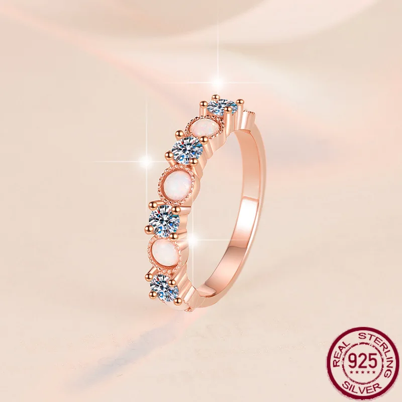 

New S925 pure silver ring opal rose gold luxury high-end feeling European and American moissanite wedding jewelry