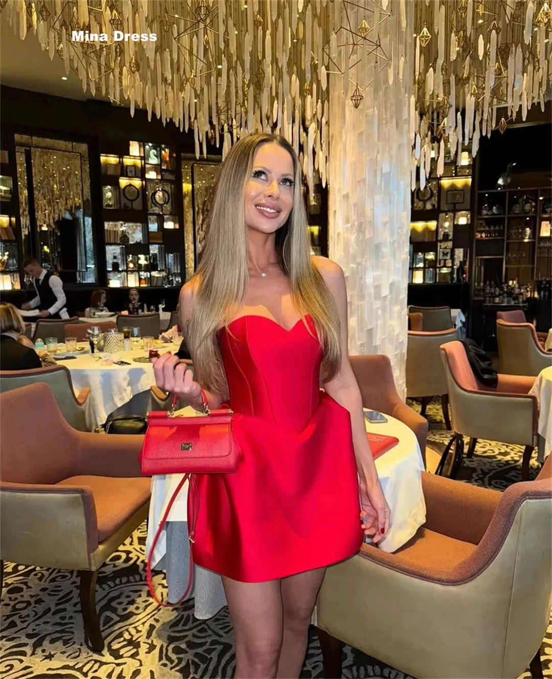 

Mina Customized Red Evening Dresses Wedding Dress Sleeveless Backless Sweetheart Neck Strapless Evening Gown Satin Mini Prom