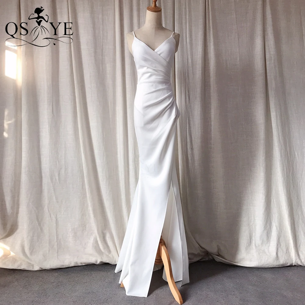 QSYYE Simple White Wedding Dress Front Split White Party Dress Ruched V neck Spaghetti Straps Woman Light White Prom Dress Bride