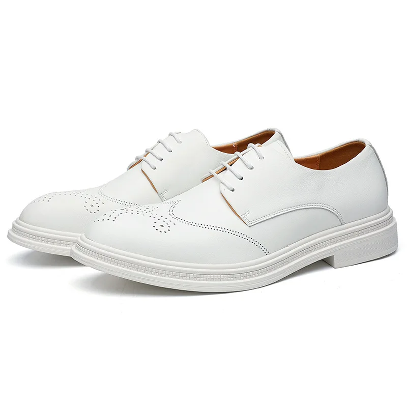 Leather Mens Oxford Shoes Mens Formal Breathable Shoes Office Mens Brogue Shoes Lace Up Thick Bottom White Business Dress Shoes