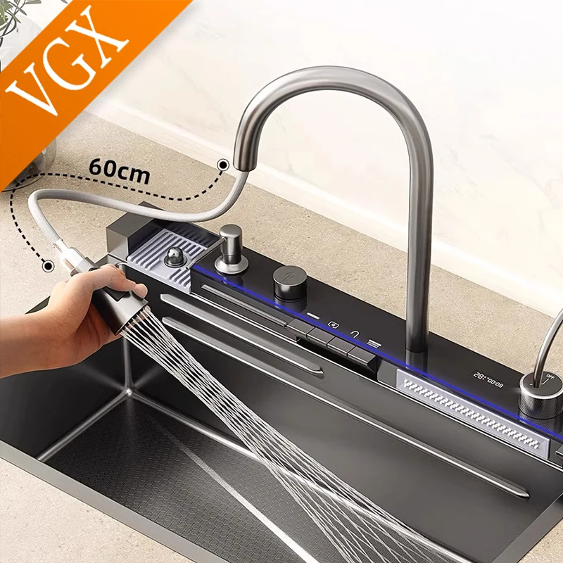 VGX Kitchen Sink Large Single Slot Multifunction Digital Display Sink Kitchen Gourmet Faucet Cup Washer Stainless steel 304 Sink