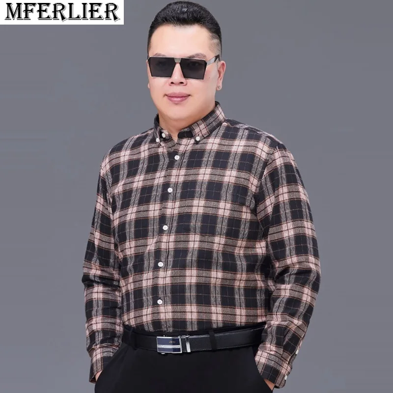 

autumn spring winter men plaid shirts long sleeve high-quality cotton shirt plus size 12XL 10XL 78 76 74 72 70 shirt pockets