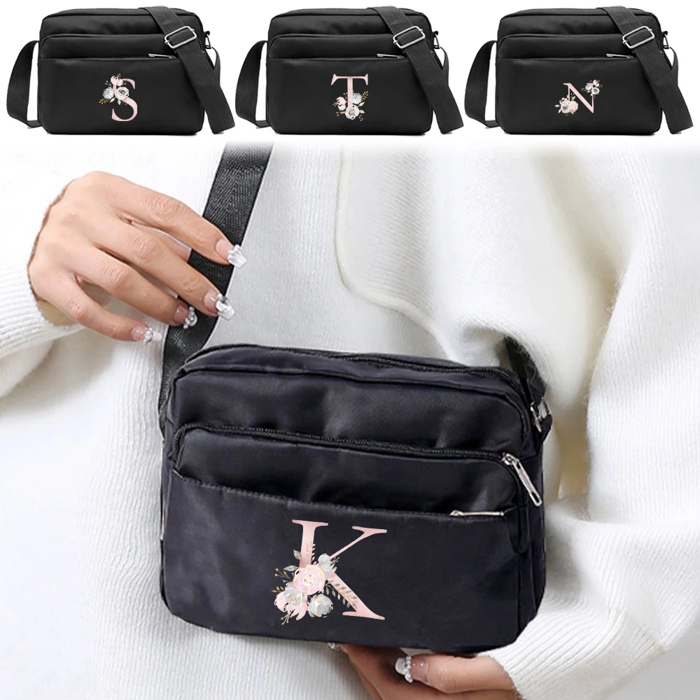 

Crossbody Bag Short Trip Dual-Use Commute Storage Shoulder Bag Pink Flower Letter Printing Adjustable Strap Women Shopping Bag