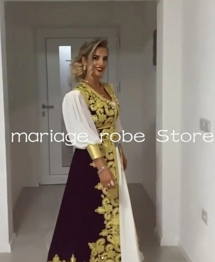 Velvet Two Pieces Caftan Arabic Evening Formal Dresses Gold Applique customsized Traditional Albanian Kosovo Prom Gown Outfit
