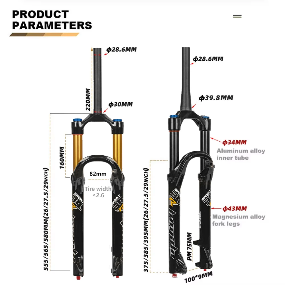 Mountain Bike Shock Pneumatic Fork 26 27.5 29 Inch 160MM Travel Damping Adjustable