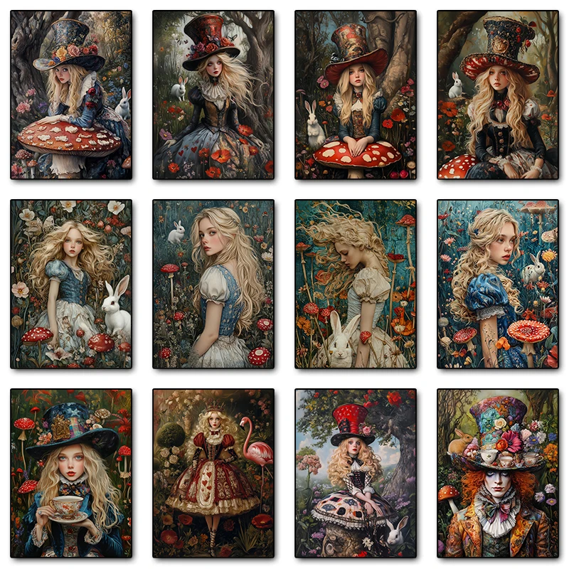 1 Pc Frameless Canvas Painting Poppy Field Alice In Wonderland Rabbit Gothic Fairytale Fantasy Posters Canvas Printing Wall Art