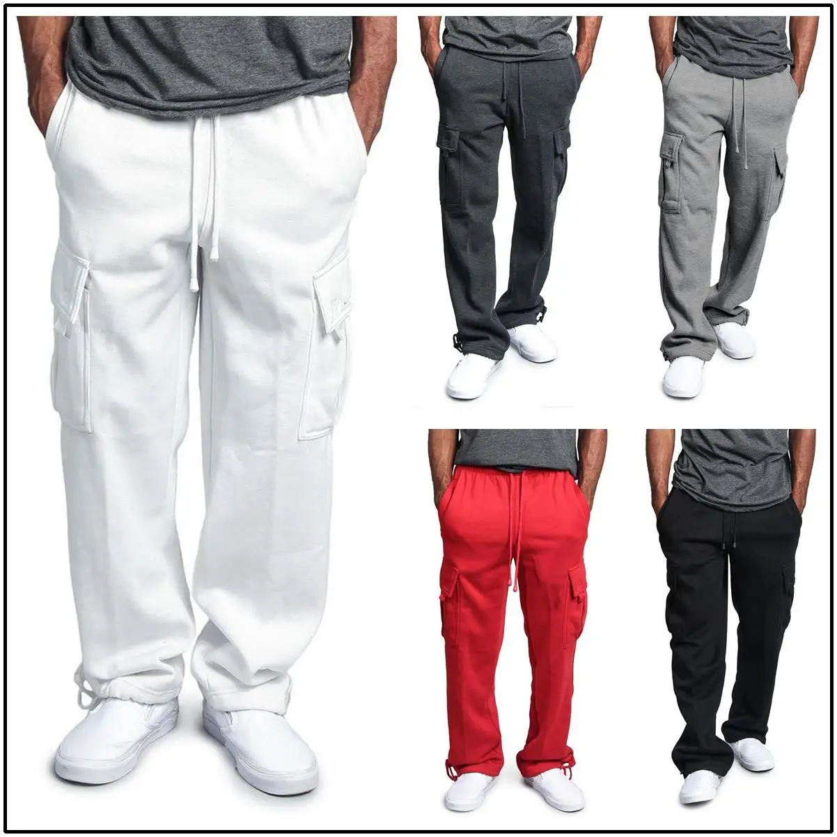 

Men's Multi-ket Straight Leg Work Pants Casual Loose Fit Knitted Cotton Trousers with Rope Waist mid Waist een Color