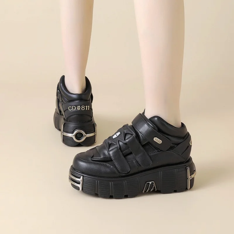 New Winter Women Heavy Metal Thick Sole Low Top Punk Shoes Dark Black Motorcycle Boots Custom Casual Sneakers