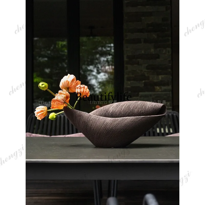 Deep coffee brushed texture, versatile spatial art display, floral vessel ornament, artistic flower arrangement