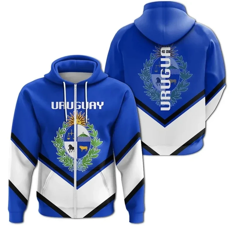 2024 Spring Autumn Daily Sportswear Zip Up Hoodies Street Uruguay Emblem Flag 3D Printing Oversized Hooded Sweatshirt Pullovers
