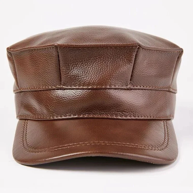 New  wholesale Winter Thermal Genuine Leather Hats Woman Cap Cadet Cap Man Military hat Cowhide Leather Cap