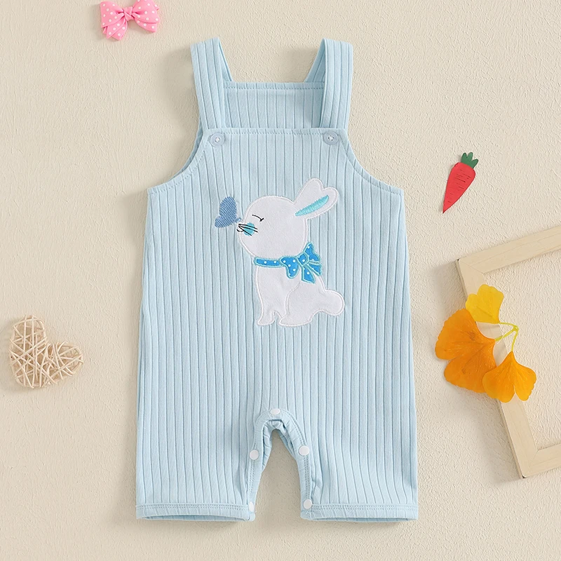 FOCUSNORM 0-18M Lovely Baby Boys Girls Easter Overalls Romper Rabbit Embropidery Sleeveless Square Neck Bodysuit