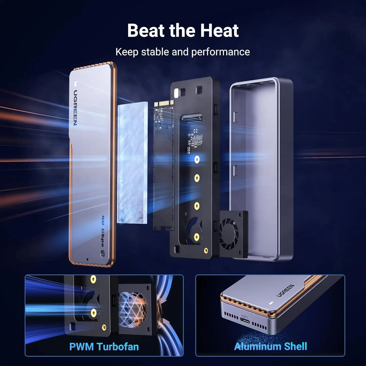 UGREEN 40Gbps M.2 NVMe Enclosure with Cooling Fan, Anti-Drop SSD Enclosure for MacBook, Aluminum M.2 Enclosure Support M/B+M Key