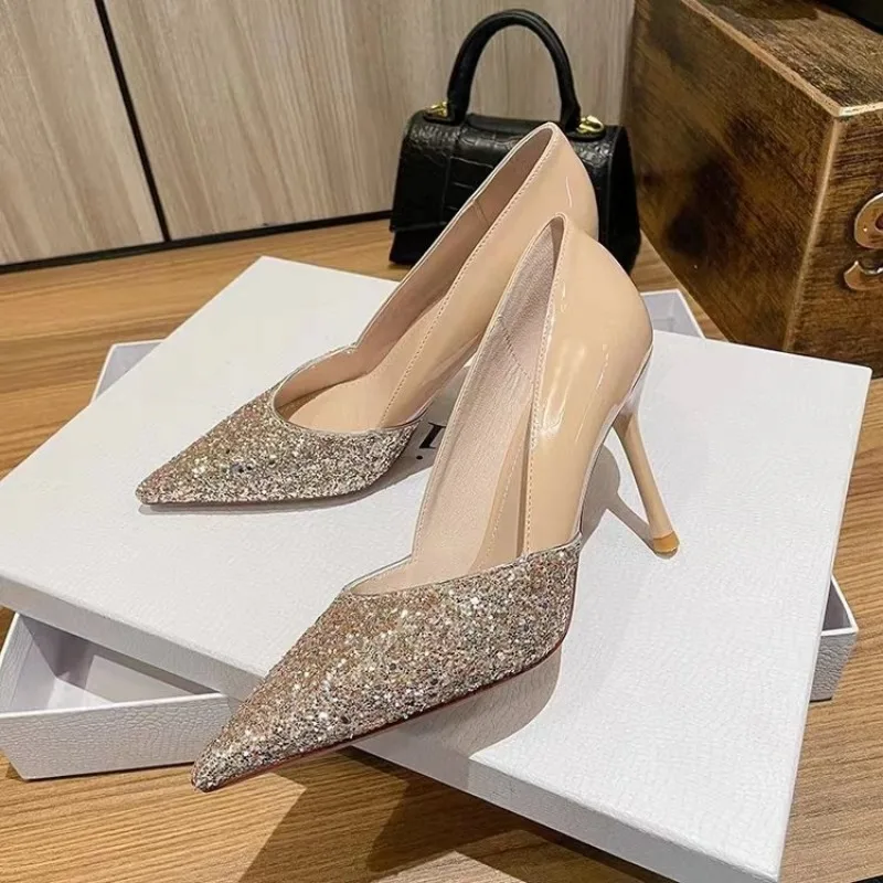 

2024 New Pointed Toe Shallow Mouth High Heels Women's Thin Stiletto High Heels Bling Comfortable Wedding Shoes