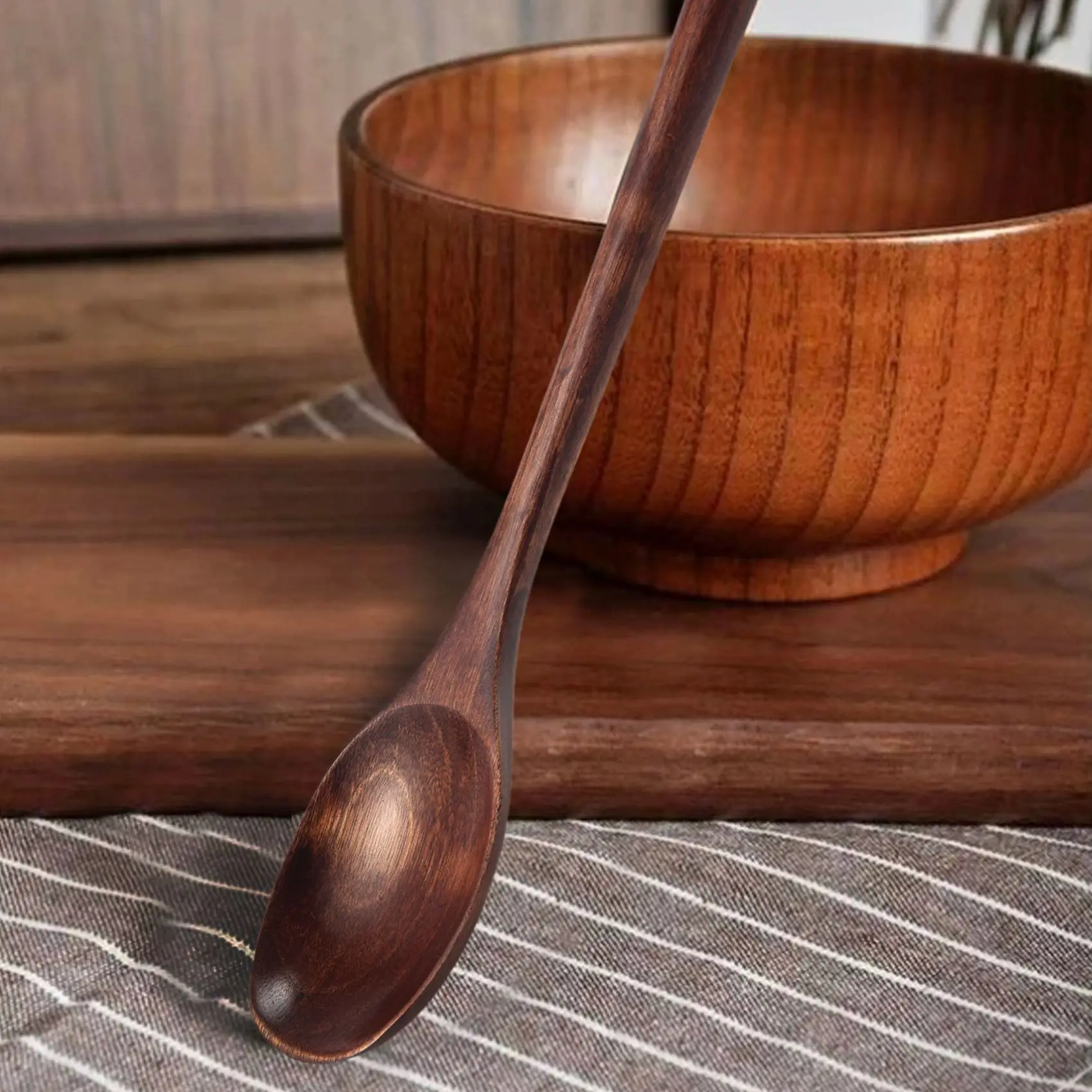 6 ชิ้นช้อนไม้ครัวเสิร์ฟยาวช้อนซุปทําอาหารช้อนชิมสําหรับกินผสมกวน