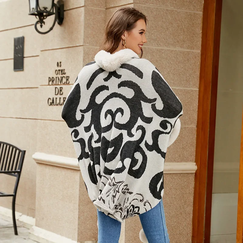 5 Colors Winter Warm New Punch Hole Printed Poncho Capes Women Faux Rabbit Fur Batwing Sleeves Loose Long Pompon Cloak Coat