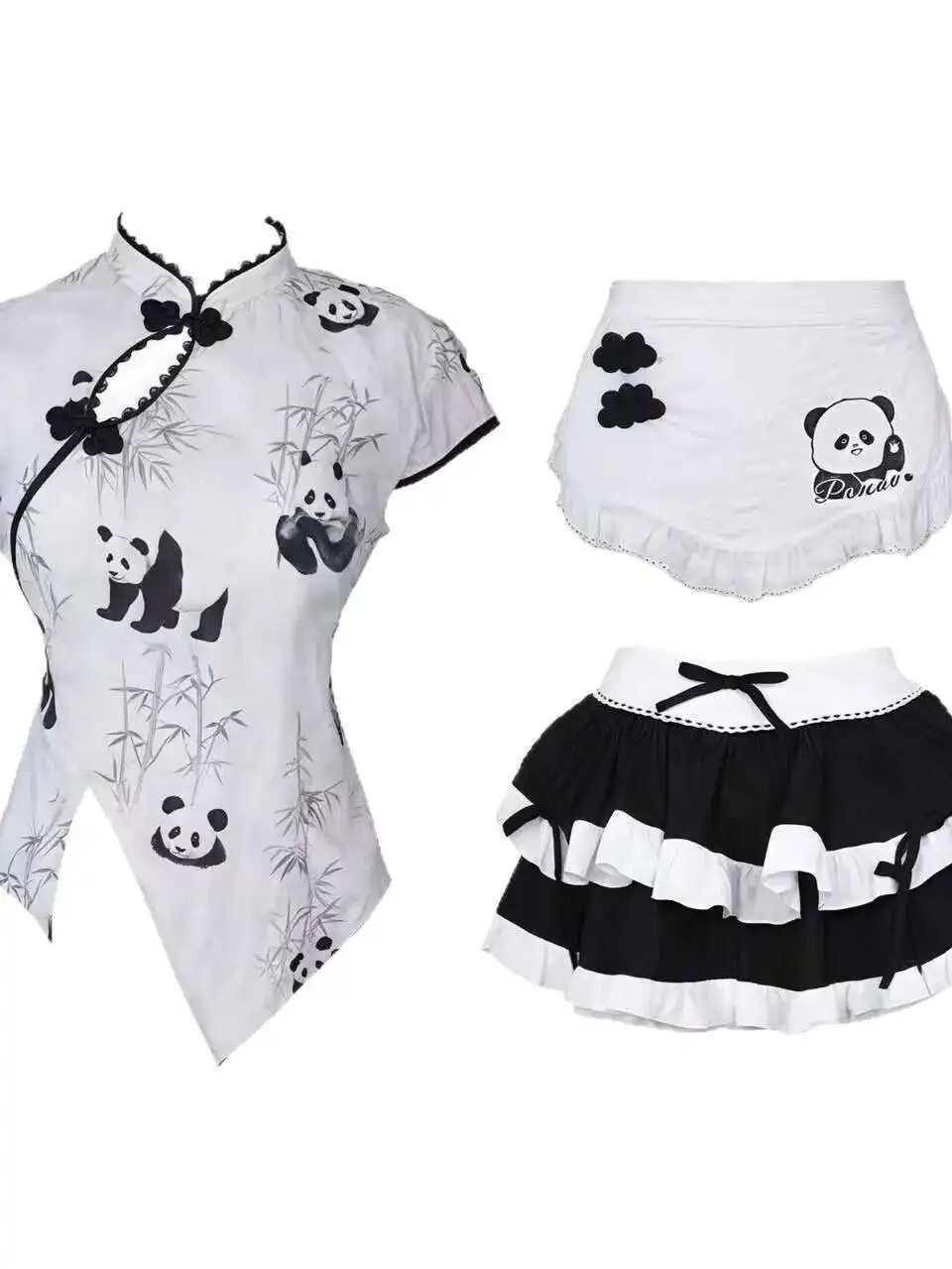 สาวน่ารักใหม่สไตล์จีน PANDA พิมพ์เอวสูงกระชับสัดส่วนพัฟเค้กกระโปรงแม่บ้านชุดผ้ากันเปื้อน Elegant สวย JQSM